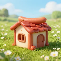 a tiny sausage house made of sausage on a bloomy meadow, detailed, realistic art, artstation