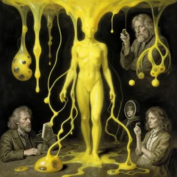 human mitosis by gil elvgren and greg rutkowski and norman rockwell and michal karcz and magali villeneuve and gerald brom, chiaroscuro!!, solarpunk, postminimalism, opaque yellow liquid, floating, tendrils, ooze, hyperrealism, surrealism