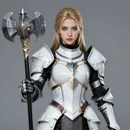 gorgeous female Paladin, beautiful detailed face, blue eyes, mace and shield, dark golden hair, ornamental, no helmet, White and Black, symmetry armor, crusade, ready to fight, trending on Artstation artstationHD, artstationHQ, cgsociety, danbooru, extremely detailed, epic fantasy, matte painting, important: No extra limbs, chiaroscuro