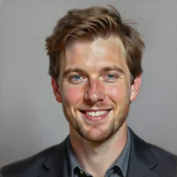 A caricature oil painting done of J.J. McCullough, realistic, hyperrealistic, very realistic, highly detailed, very detailed, extremely detailed, detailed, oil painting, digital art, trending on artstation