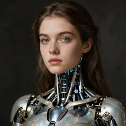 close - up portrait of beautiful young woman with cybernetic dress, art by william - adolphe bouguereau photography