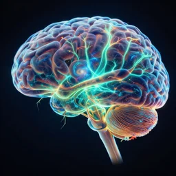 human brain firing bio - luminescent neurones into a comic nebular photo realistic, light art, closeup - view, ultra - hd, super - resolution, triboluminescence
