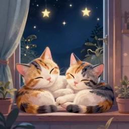 two cute multi - colored calico cats with beautiful eyes sleeping inside a cozy home in the evening, stars shining in the night sky through the window, gorgeous art by artgerm, artstation, cgsociety, storybook art