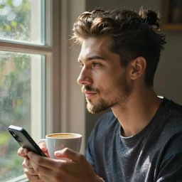 it's morning in the house. a young man with pompadour hairstyle and slightly trimmed beard is looking outside the window while holding a cup in his left hand and a smartphone in his right hand. sunlight is beautifully lighting the face. depth of field, pleinairism, in the sun, backlit, closeup, oil on canvas, atr by monet, in the style of le promenade, smooth, impressionnisme, 8 k