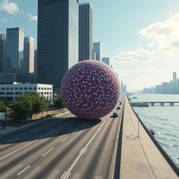 live cnn footage of a katamari rolling down chicago's lake shore drive, 4 k screen capture