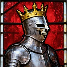 detailed side - view portrait of a knight, kaldor helmet, skull - shaped visor, no mandible, royal crown with big spikes, plate armor, 1 0 th century stained glass window, shiny red background, very masterful, backlit
