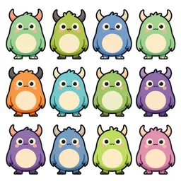 game asset sheet, 2 d sprite, art deco era chibi monsters cute lovable tricksters