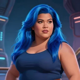 welcoming heavy filipina woman character portrait, by don bluth, electric blue hair, sci - fi environment, highly detailed, dynamic shadows, 4 k, wallpaper - 1 0 2 4