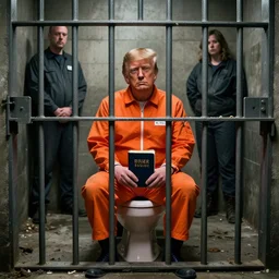 a head and shoulders portrait of Donald trump behind bars, wearing a orange jumpsuit, sitting on a toilet holding a bible in a filthy rat infested concrete jail In a maximum security prison, dimly lit, volumetric lighting, arney freytag, craig mullins and Annie Leibowitz, octane, 8k,