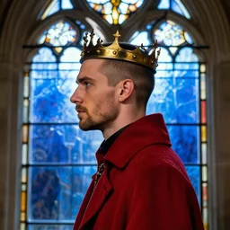 royal side - view portrait of a man wearing a slim crown, buzzcut, stubble, wears a red coat, gothic stained glass window, shiny blue background, very masterful, backlit