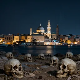 a landscape of Jaffa at night, with skulls, gestalt effect, digital art, trending on artstation.