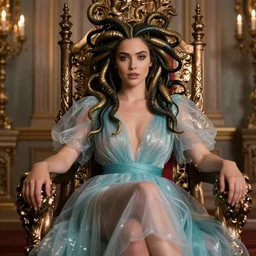 beautiful Medusa with Simone Ashley\'s face, wearing organza gown, in a throne room, fashion photography