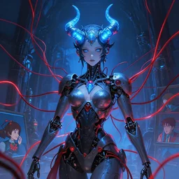 detailed, sharp, dreaming humanoid female automata with glowing blue horns wearing gothic ornament surrounded by glowing red wires by Ilya Kuvshinov and Anna Dittmann and studio ghibli and WLOP and Rossdraws, digital art, surreal, trending on artstation, anime arts, featured on Pixiv, blue lighting, HD, 8K, highly detailed, good lighting, beautiful, epic, masterpiece