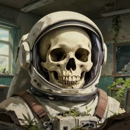 skull in astronaut helmet detailed, epic masterpiece of cinematographic hyperrealism, realistic shaded lighting poster by craig mallismo, artgerm, jeremy! dream a stylized 2 d cinematic keyframe of a post - apocalyptic school interior covered by nature, debris, abandoned, joy gaze, cel - shaded, classical animation, edge - to - edge print, rendered by studio ghibli, artgerm