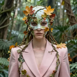 humanoid in ethereal vines mask, autumn, stern face, directed gaze, haute couture, editorial photoshoot, pastel colors, vivid, fashion photography, cinematic lightning, jungle, vines, ultra realistic, portrait photography, 8 k, hd.