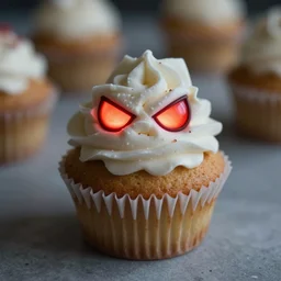 a cupcake with glowing red eyes and an angry face