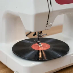 a sewing machine with a vinyl record spinning under the needle