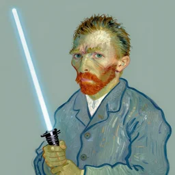 portrait of vincent van gogh with holding a lightsaber in the style of greg manchess