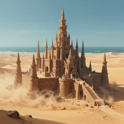 style artgerm, joshua middleton, gerald brom, a giant brown stone castle in the desert, very long spires, sand swirling, detailed, ocean background setting, volumetric lighting