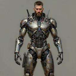 ultra realist intricate detailed pin - up painting of a single rugged cyborg male, bearded face and cyborg tech on body and legs, symmetry accurate features, cyberpunk, industrial, apocalyptic, very intricate details, focus, high resolution, 8 k resolution, dramatic lighting, artstyle vincent di fate and alex ries, award winning
