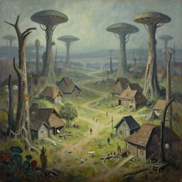 extraterrestrial village. painting by simon stalenhag, inspired by h. r. giger.