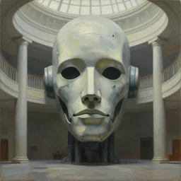 brutalist giant unfeeling robot visage, portrait, atrium, rotunda, dystopian, pj crook, edward hopper, oil on canvas
