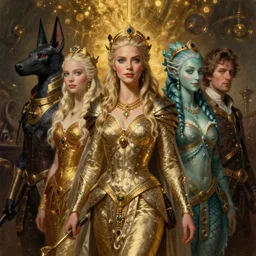 A fantasy book style portrait painting of a hybrid, Kristen Bell, Anya_Taylor-Joy, Cory Chase, as a Mystical Valkyrie, Anubis-Reptilian, Atlantean Warrior, François Boucher, Oil Painting, unreal 5, DAZ, hyperrealistic, octane render, Regal, Refined, Detailed Digital Art, RPG portrait, William-Adolphe Bouguereau, Michael Cheval, Walt Disney (1937), Steampunk, Volumetric Golden dappled dynamic lighting, Highly Detailed, Cinematic Lighting, Unreal Engine, 8k, HD