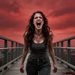 woman on a bridge shrieking with dread, blood red sky in the background, 4K photo