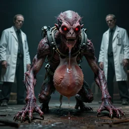 a full body wet skin creature with red glowing eyes. under stage light, crawling humanoid monsters, smile face, labcoats, sci - fi equipment, saliva, membrane pregnancy sac, respiratory flap, super realism, claws, octane rendering, cinematic light. medium shot, 2 4 mm, david fincher, james wan, gritty, moody, eerie, dark arts