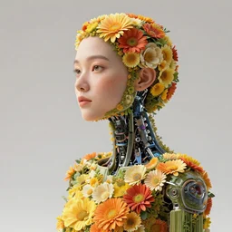 A half cyborg woman made from flowers