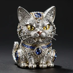 detailed jewel figurine depicting heavily stylized angry cat, made by faberge. macro photography.