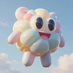 elaborate, giant, massive, detailed, shiny, 3 d, pastel, blowup balloon character with eyes and mouth, twisting geometry, floating in a painted sky, cinematic, 4 k by'eva cremers'and'lesley barnes'and'jordan coelho'