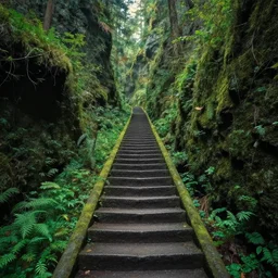fern canyon gorge in oregon, stone stairway, overgrown lush plants, atmospheric, cinematic, by studio ghibli,