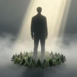 editorial illustration by karolis strautniekas and mads berg, very tiny trees, ( ( giant person standing tall above trees ) ), fog, fine texture, detailed, muted colors, dramatic lighting, dynamic composition, vivid, matte print, wide angle, ( ( sunbeams ) ), moody