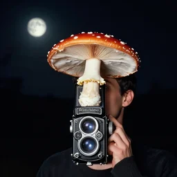 photograph taken by a rolleiflex tlr, 1 2 0 mm, portrait, a human face morphing into an amanita muscaria mushroom, shot by ryan mcginley, moon in sky, night time