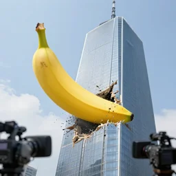 news camera footage of a giant banana falling destroying a skyscraper