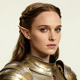head and shoulders portrait of a female knight, young natalie portman, golden etched armor, lord of the rings, celtic hair braid, eldritch ruby amulet, elf, by artgerm, alphonse mucha, face detail, sharp focus, high key lighting, vogue fashion photo