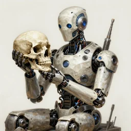 Ultra realistic illustration of a robot sitting holding a human skull!!!!!!!, cyberpunk, sci-fi, fantasy, intricate, elegant, highly detailed, digital painting, artstation, concept art, smooth, 8k octane render, extremely hyperdetailed, intricate complexity, sharp focus, illustration, art by artgerm and greg rutkowski and blizzard studios