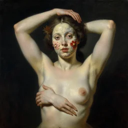 oil painting portrait dark background of a seductive wonderful symmetrical goddess no arms with a beautiful face with a strange disturbing face made of flowers and starnge texured surfaces by otto marseus van schriek, rachel ruysch, tom bashow, dutch blue age dramatic lighting chiaroscuromodern woman | hyperrealistic | action pose | digital painting | trending on artstation, pinup portrait,