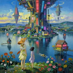 a beautiful painting of a utopian science fiction landscape, a lake with boats, houses on stilts, different colour led lights and neon, flowers, by alfons maria mucha and julie dillon and makoto shinkai