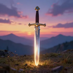 big sword implanted into ground, shining blade, colorful sky, distant mountains by sylvain sarrailh, rossdraws, ambient light, ultra detailed, fantasy artwork, 8 k, volumetric lighting, trending on artstation, award winning, very beautiful.