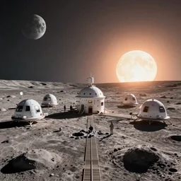 « we are on the moon's surface, human colony, sunrise on the moon, far view, photorealistic, unreal engine 5, sharp focus »