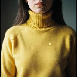A Hyper realistic and detailed portrait photography of a woman wearing a yellow knitted turtleneck sweater. Long hair. Agfa Vista 400 film. Detailed. Depth of field. lens flare. moody. cinematic. warm light. realistic. analog photography.