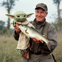 Old photo of a hunter holding up the Yoda he caught