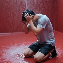 a young man is suffering on his knees, holding his wet head with his hands in a red room, a waterfall from the ceiling