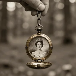 hand holding a chain with an open round rusty golden locket pendant with a retro photo of an elegant and aesthetic woman royalty portrait, on a forest background with bokeh. Retro. Antique. High quality 8k. Intricate. Graflex camera 35mm. sephia. Award winning