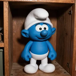 grainy photo of a smurf as a creepy monster in a closet, harsh flash