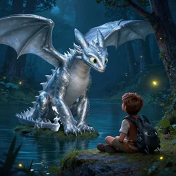 a silver dragon and a boy sitting together next to a lake watching firefly, night, forest, how to train your dragon 3