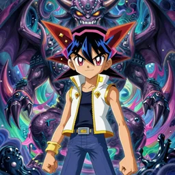 yugi muto from yu - gi - oh having a beautiful psychedelic psychotic mental breakdown, mental pandemonium, demonic monster card figures, intense colours, vibrant and vivid color, digital art, hyper detailed, opulent and exquisite, hyper realistic, intricately detailed, bizarre, surrealism, peter mohrbacher, marc simonetti, jean giraud, victo ngai, rene magritte, 4 k, 8 k