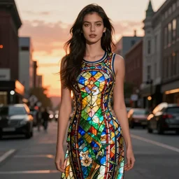 beautiful woman in stained glass dress, city streets sunset, Nikon D5, 70mm, F/2.8, fashion photography, dramatic lighting 4k, detailed, hd